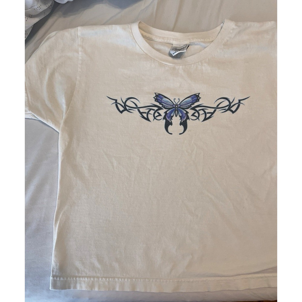 Vintage Y2K Tribal Butterfly Tramp Stamp Baby Tee White Made in USA L